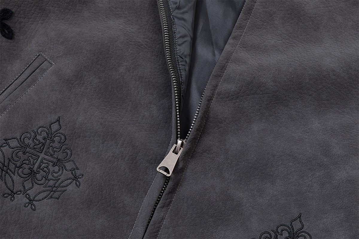 Veste en cuir oversize courte à broderies gothiques – Style moto américain rétro