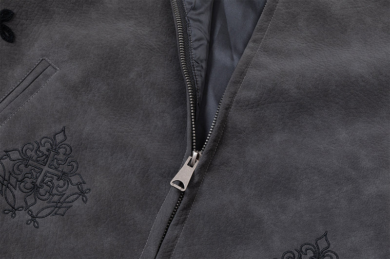 Veste en cuir oversize courte à broderies gothiques – Style moto américain rétro