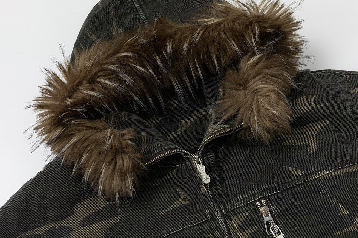 Fur-Trim Hood Bomber Jacket – Camo & Leopard Print Padded Outerwear