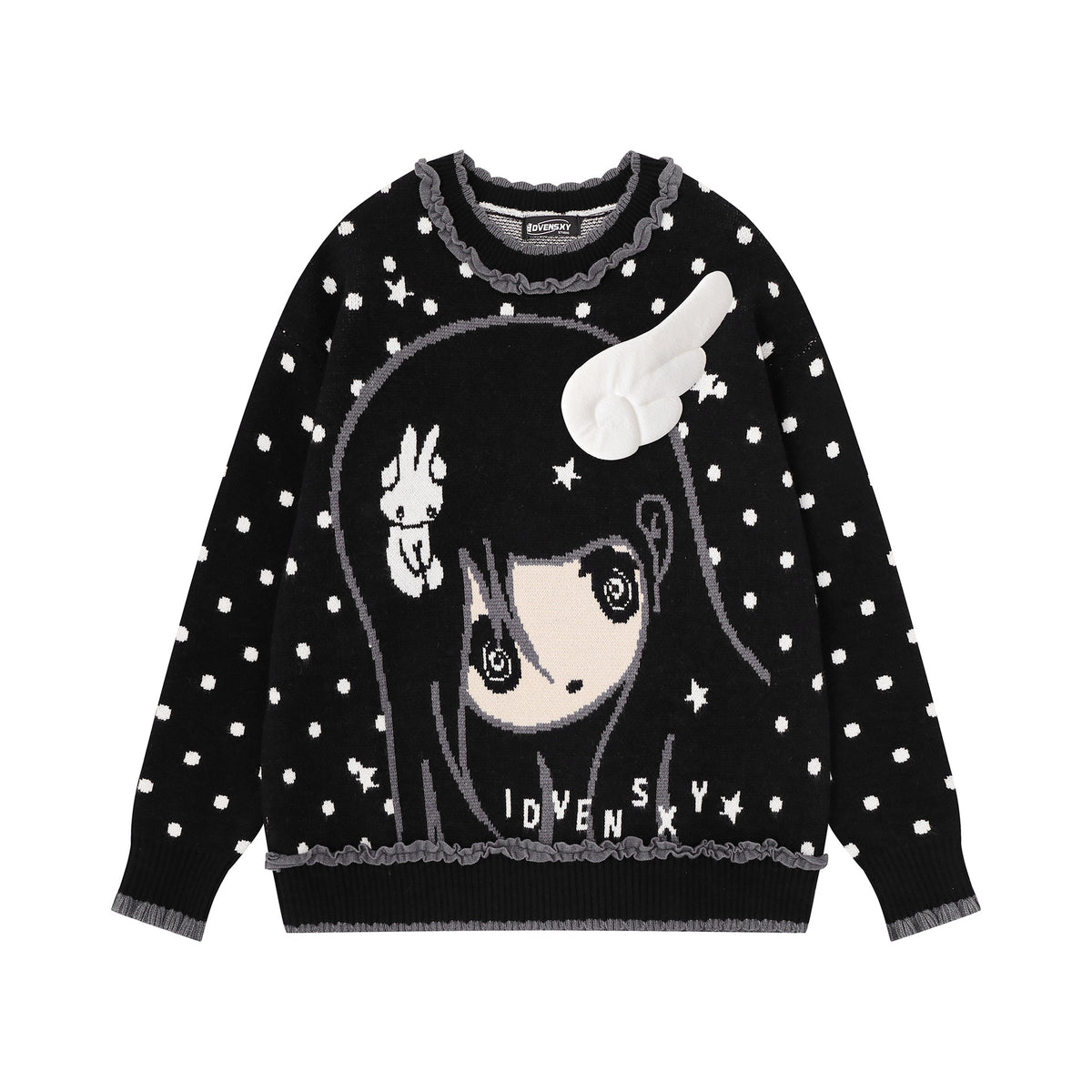 Anime Girl Jacquard Knit Sweater with 3D Angel Wing Patch & Polka Dot Print