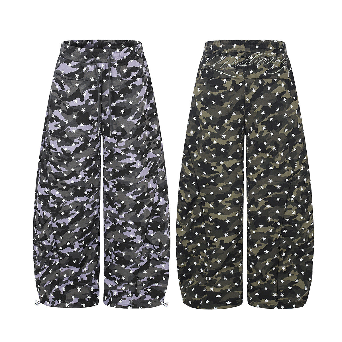 Camo Baggy Cargo Pants – Star Print Wide-Leg Parachute Trousers