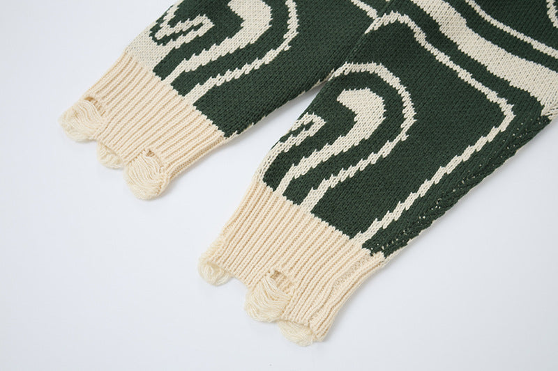 Abstrakter Wirbel-Strickcardigan – Oversized Pullover mit V-Ausschnitt und Knopfleiste