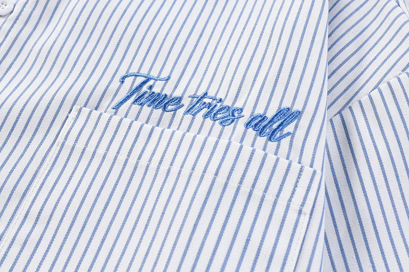 Men's Vertical Stripe Oversized Long-Sleeve Shirt with Embroidered Script