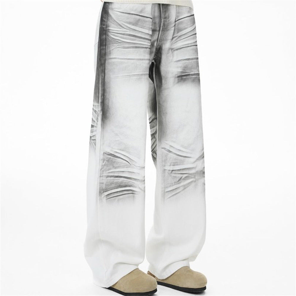 Men's Wide-Leg Baggy Jeans – Ink Wash Gradient Crinkle Print, Straight Fit