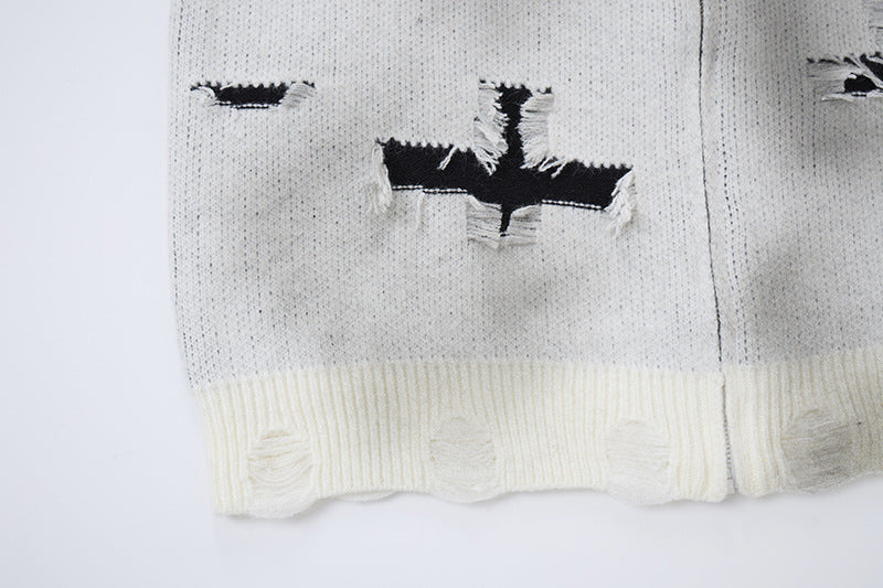 Distressed Cross Knit Cardigan mit Reißverschluss – Oversized Destroyed-Strickmode für