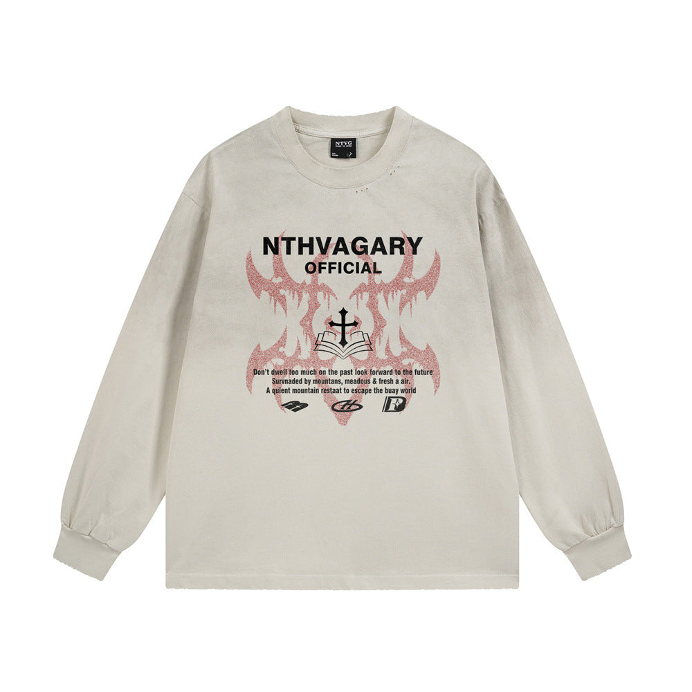 NTHVAGARY Official long sleeve graphic tee with cross and flame print in washed black and washed beige