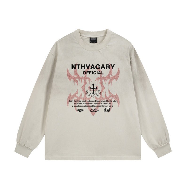 NTHVAGARY Official long sleeve graphic tee with cross and flame print in washed black and washed beige