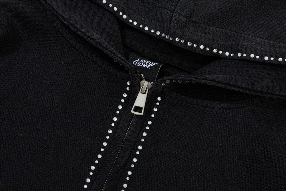 Hoodie zippé avec bordure en strass et double zip — Streetwear délavé