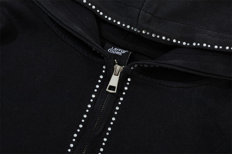 Hoodie zippé avec bordure en strass et double zip — Streetwear délavé