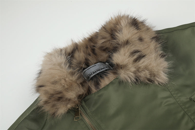 Men's Army Green Bomber Jacket with Leopard Faux Fur Collar & Rivet Detail