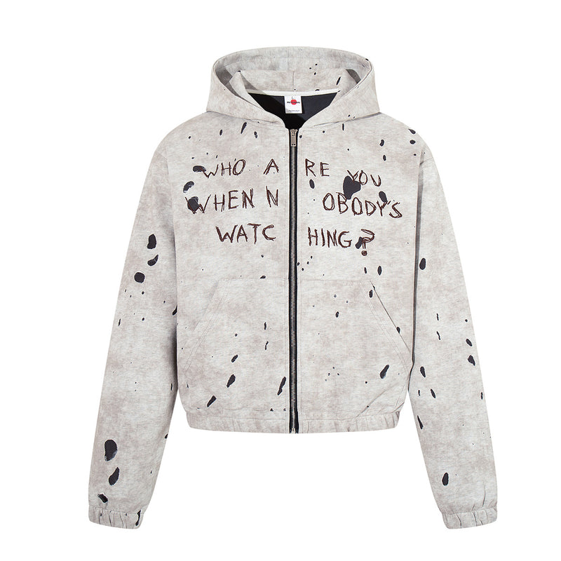 Gray zip up hoodie with acid-wash distressed finish and hand-lettered graffiti graphic on chest, cropped boxy streetwear silh
