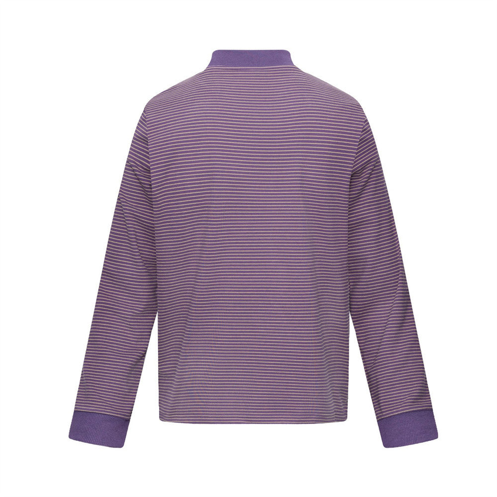 Men's Striped Mock Neck Long Sleeve Tee with Cat Graphic Print
