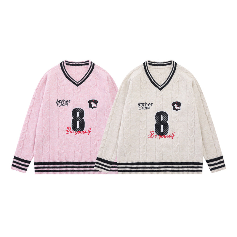Cable Knit V-Neck Varsity Sweater – Number 8 Collegiate Pullover