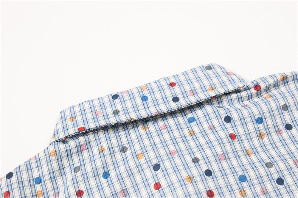 Men's Plaid Long Sleeve Shirt with Cartoon Dog Embroidery and Colorful Polka Dot