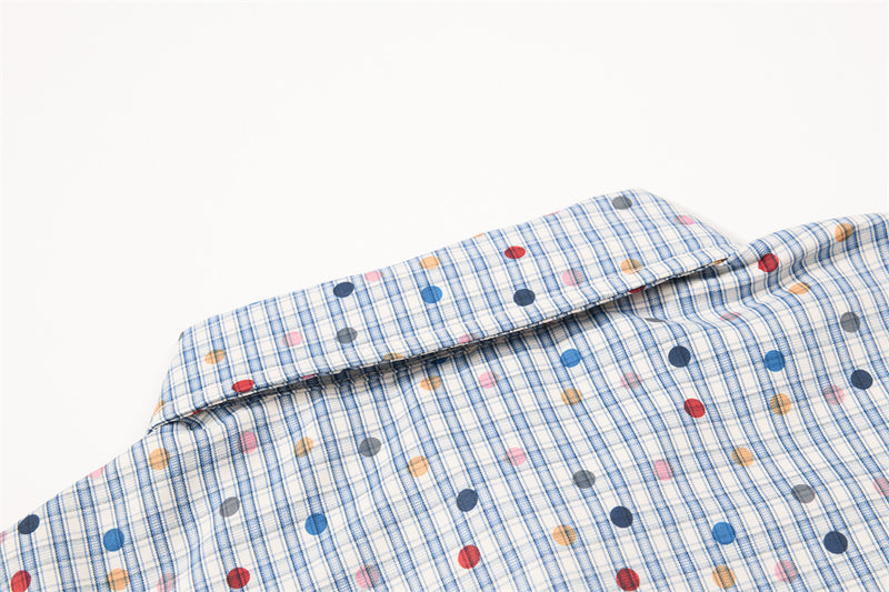 Men's Plaid Long Sleeve Shirt with Cartoon Dog Embroidery and Colorful Polka Dot