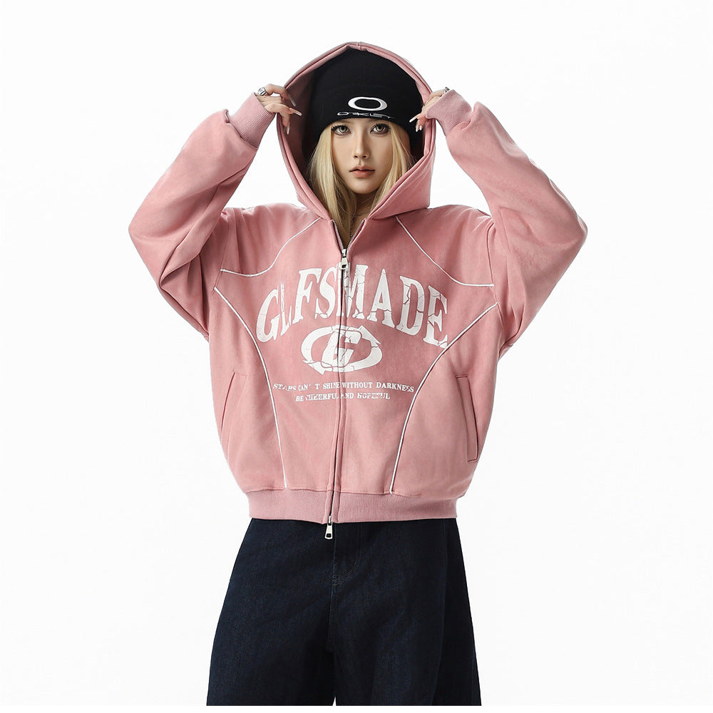 GLFSMADE Letter Print Zip-Up Hoodie – Double-Zip Oversized Streetwear Jacket