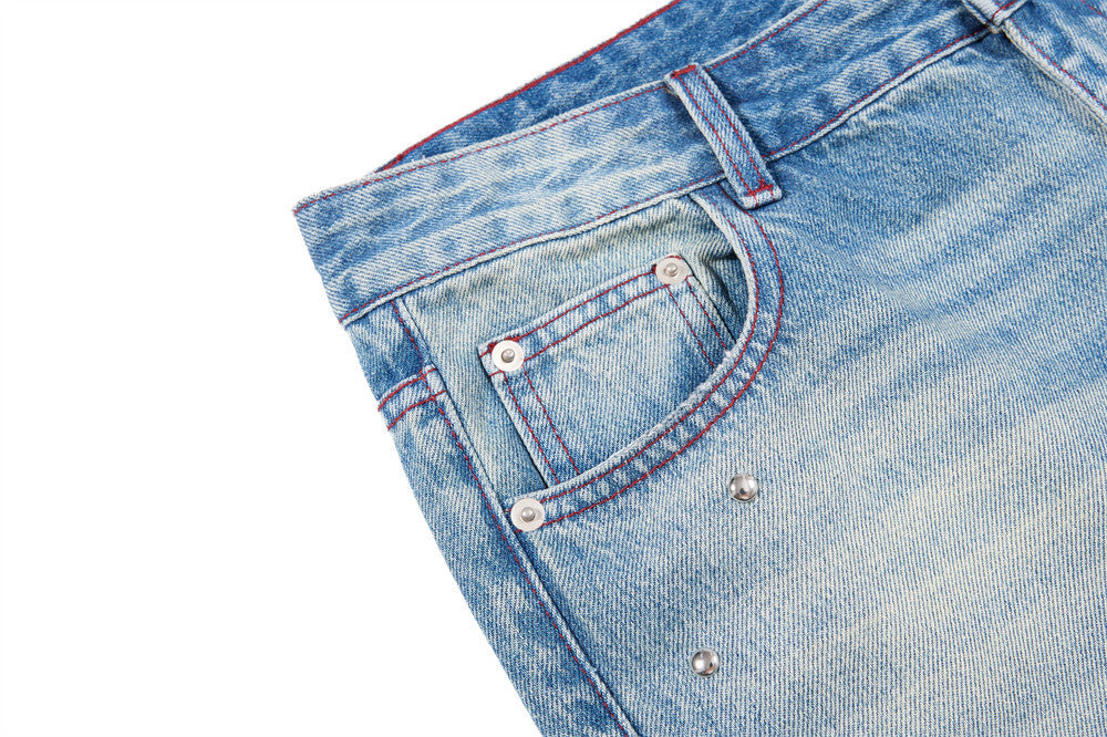 Men's Distressed Wide-Leg Flare Jeans with Stud Details – Washed Blue