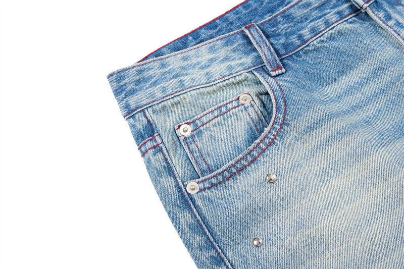 Men's Distressed Wide-Leg Flare Jeans with Stud Details – Washed Blue