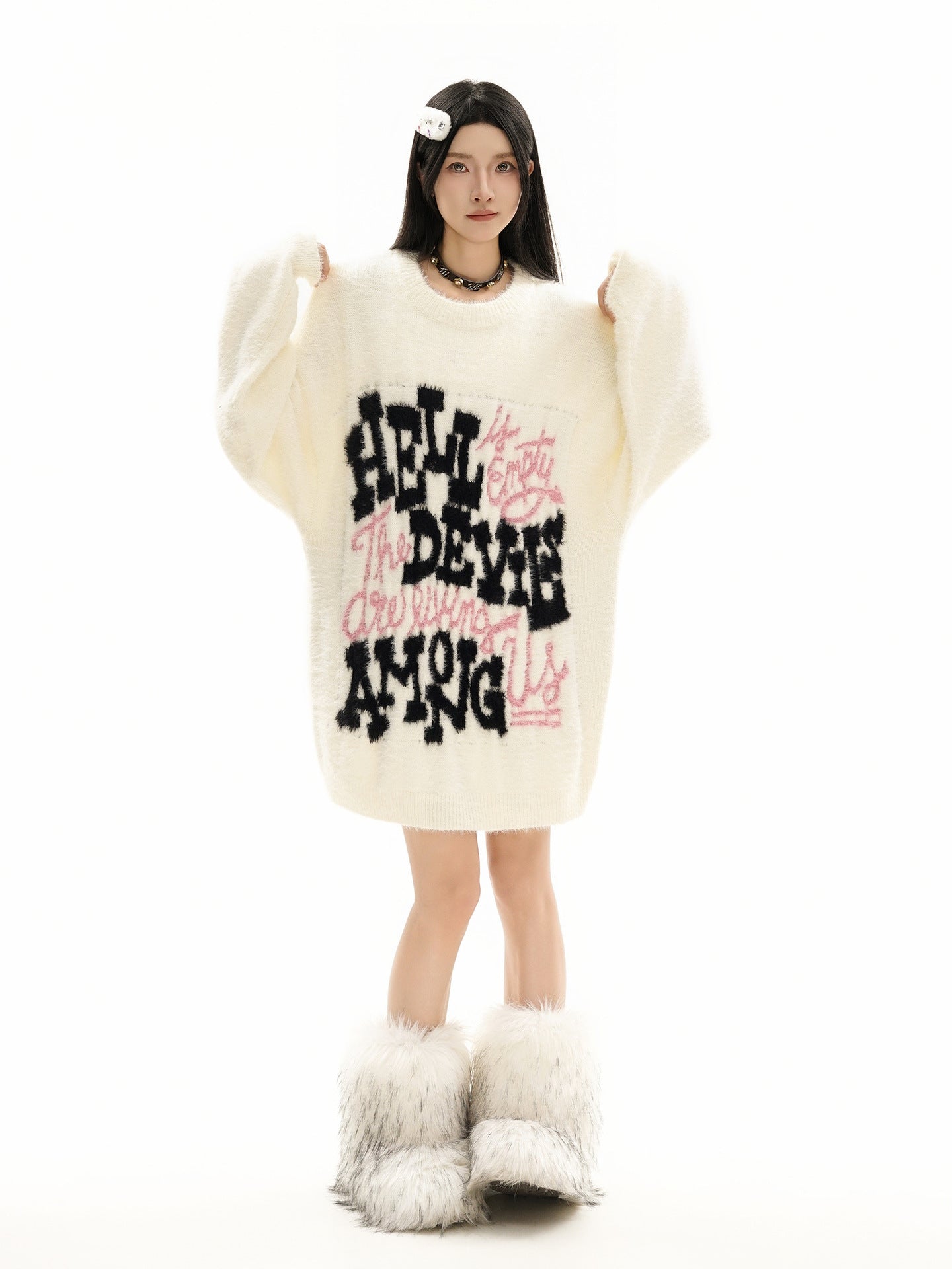 Pull oversize en maille jacquard à lettrage – Hell Is Empty, motif graffiti