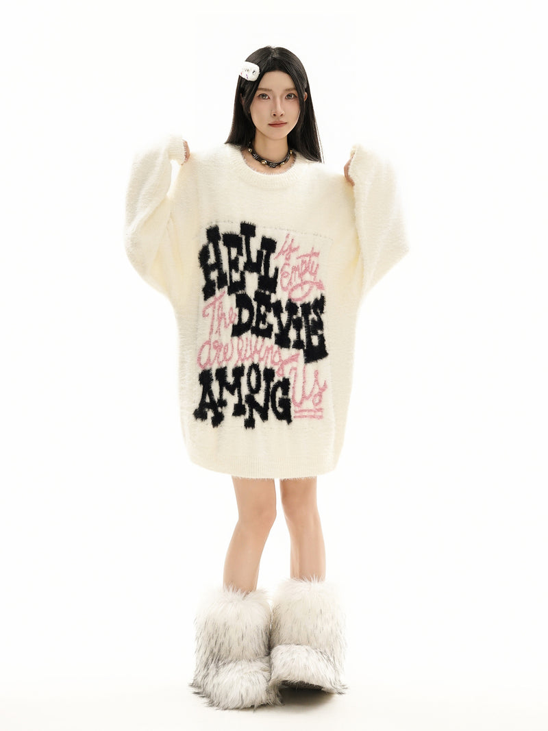 Pull oversize en maille jacquard à lettrage – Hell Is Empty, motif graffiti