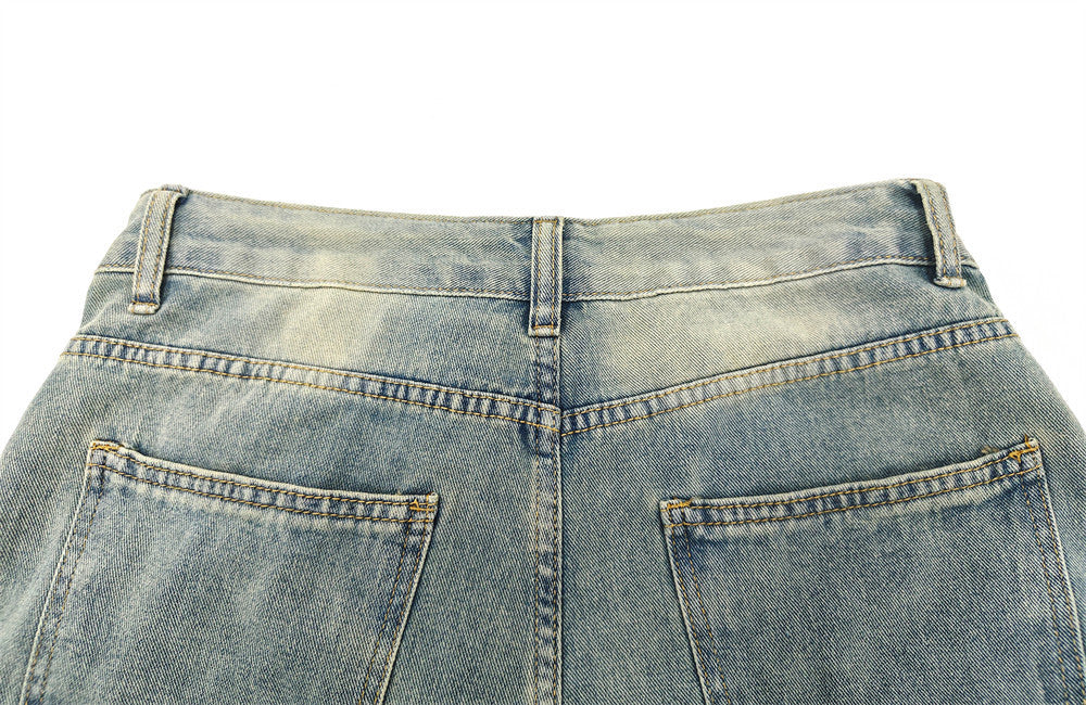 Star Print Distressed Wide Leg Jeans – Asymmetric Cargo Pocket Washed Denim