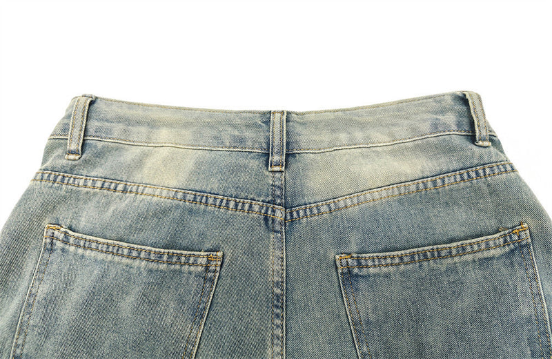 Star Print Distressed Wide Leg Jeans – Asymmetric Cargo Pocket Washed Denim