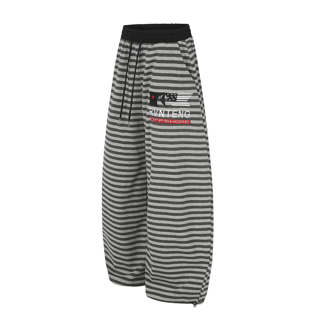 Men's Striped Wide-Leg Sweatpants with Star & Letter Embroidery – American
