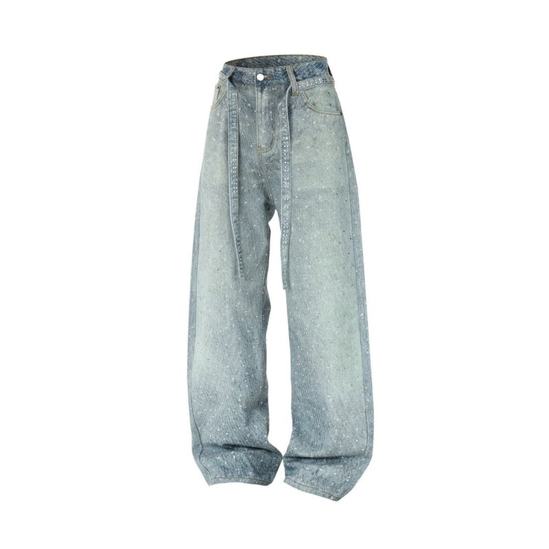 Y2K Baggy Jeans Mens Wide-Leg Rhinestone Embellished Denim Pants