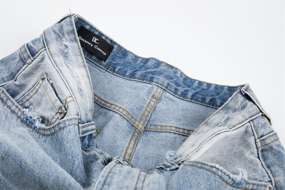 Wide-Leg Distressed Denim Shorts – Light Wash Retro Baggy Fit
