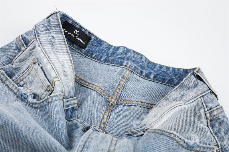 Wide-Leg Distressed Denim Shorts – Light Wash Retro Baggy Fit
