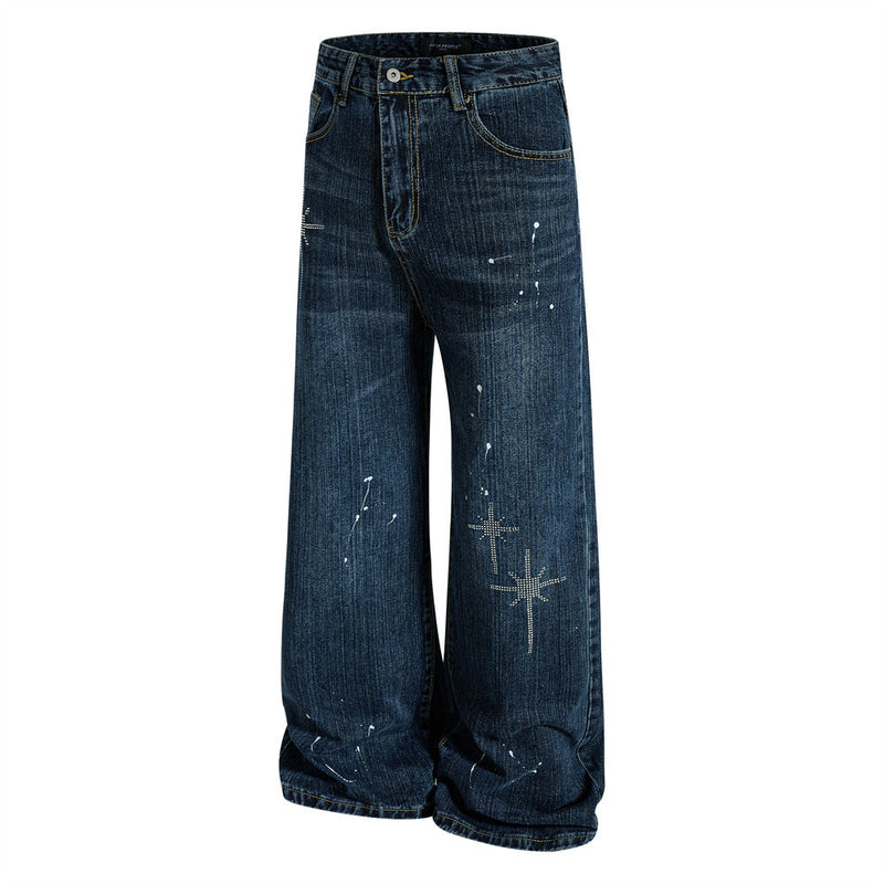 Wide-Leg Jeans Men – Washed Denim, Rhinestone Cross & Paint Splatter Detail