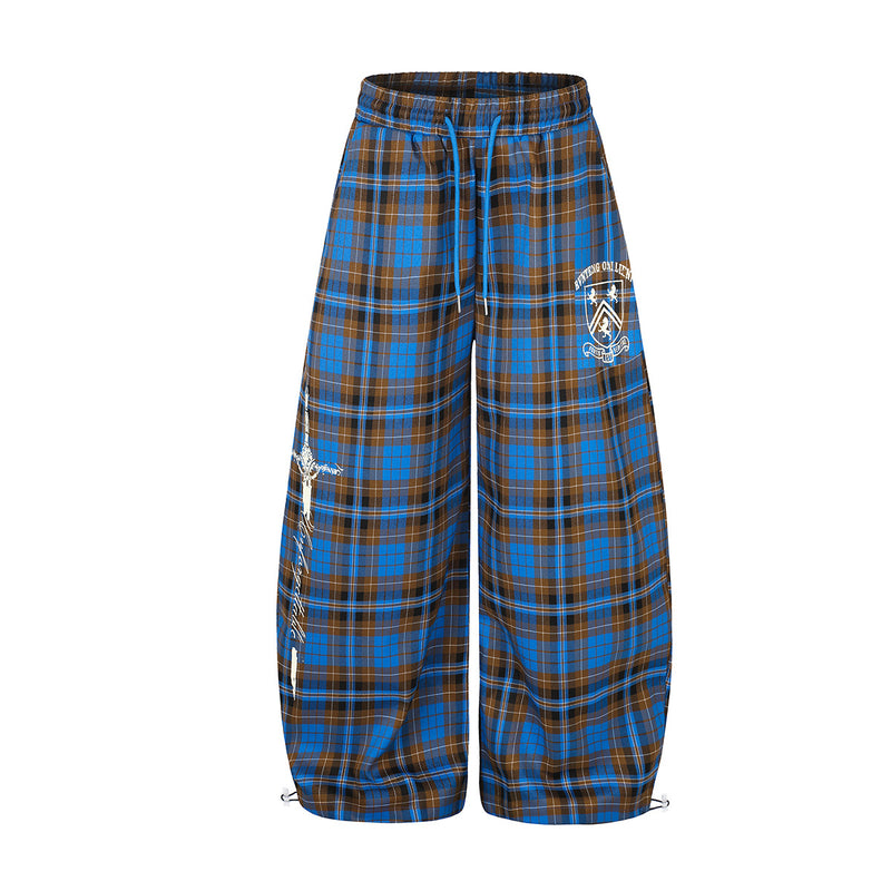 Wide-Leg Plaid Pants – Blue Tartan Baggy Fit with Crest Graphic & Drawstring Hem