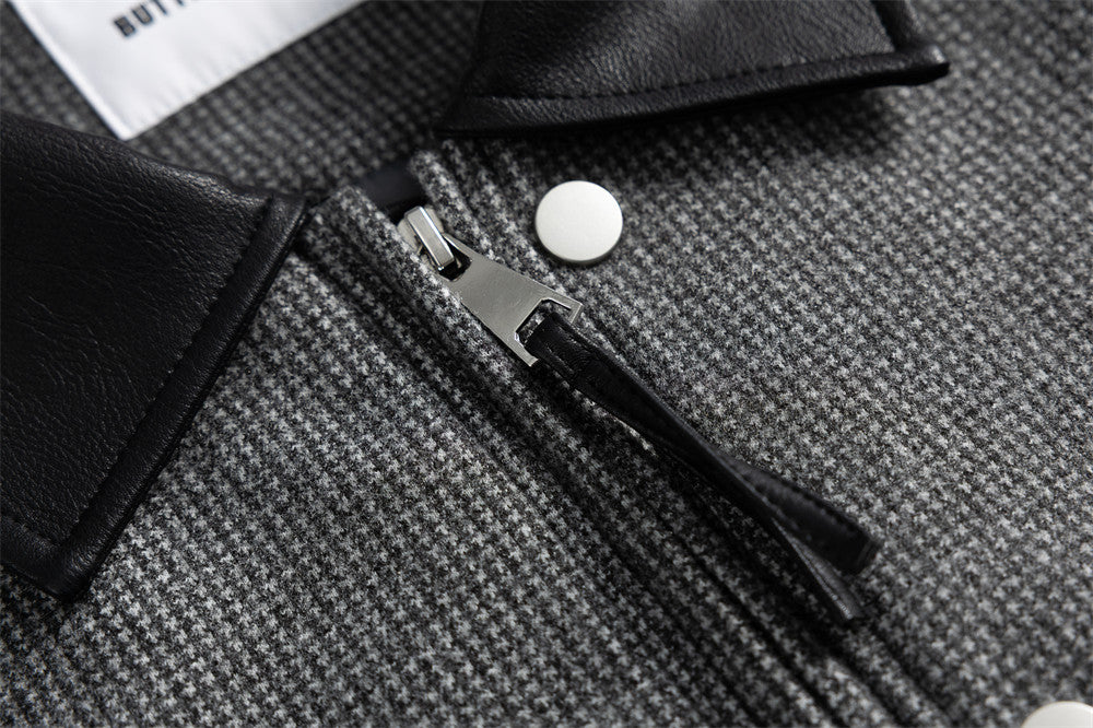 Men's Houndstooth Wool-Blend Bomber Jacket with Leather Collar & Cuffs