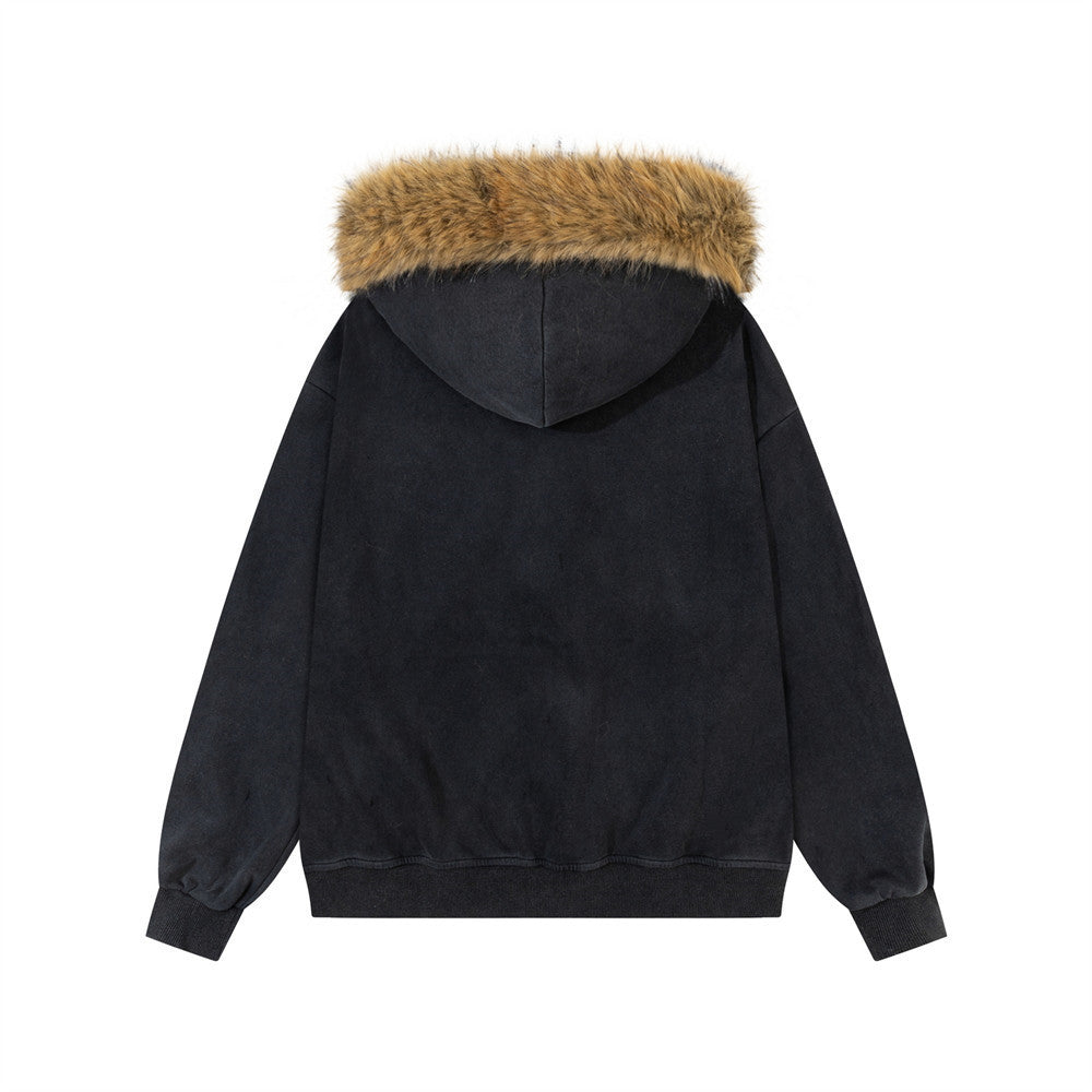 Sudadera con cremallera, capucha con ribete de pelo sintético y bordado de estrellas doradas — Streetwear para hombre