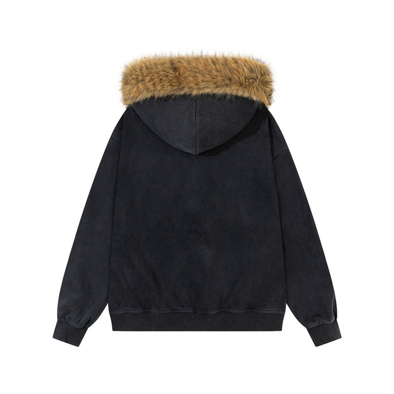 Sudadera con cremallera, capucha con ribete de pelo sintético y bordado de estrellas doradas — Streetwear para hombre