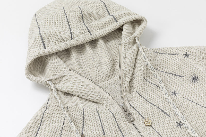 Celestial Moon & Star Embroidered Zip-Up Hoodie Jacket with Hanging Charms