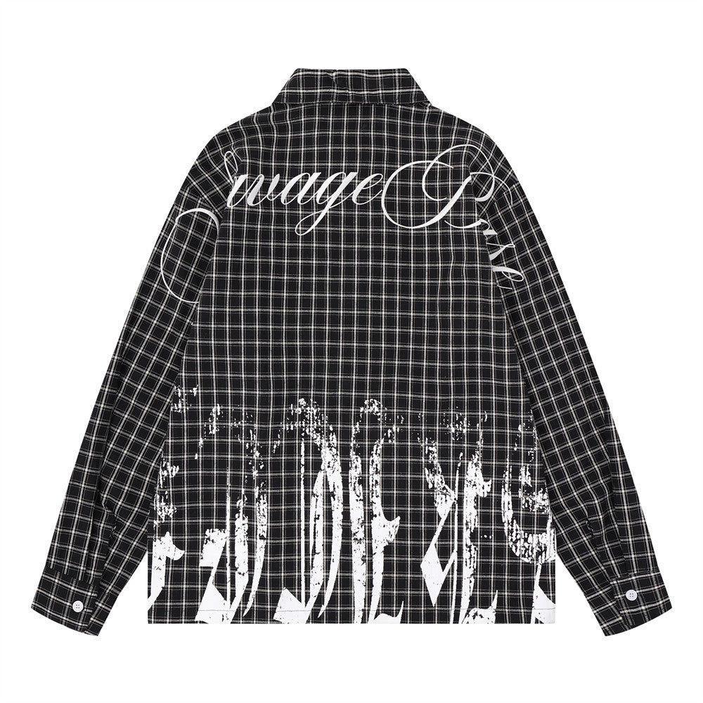 Plaid Long Sleeve Shirt – Graffiti Print & Old English Embroidery, Oversized Fit