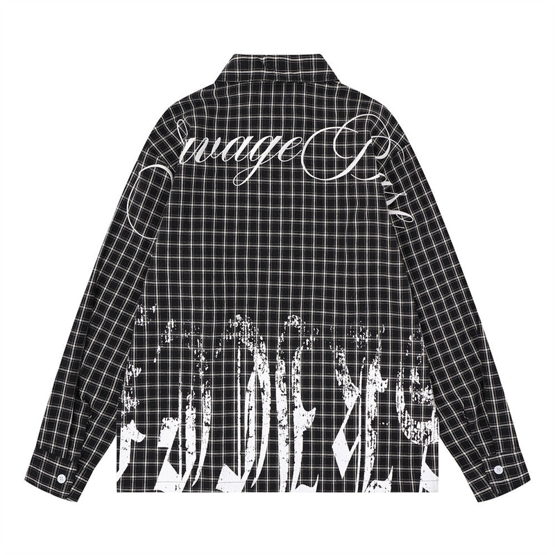 Plaid Long Sleeve Shirt – Graffiti Print & Old English Embroidery, Oversized Fit