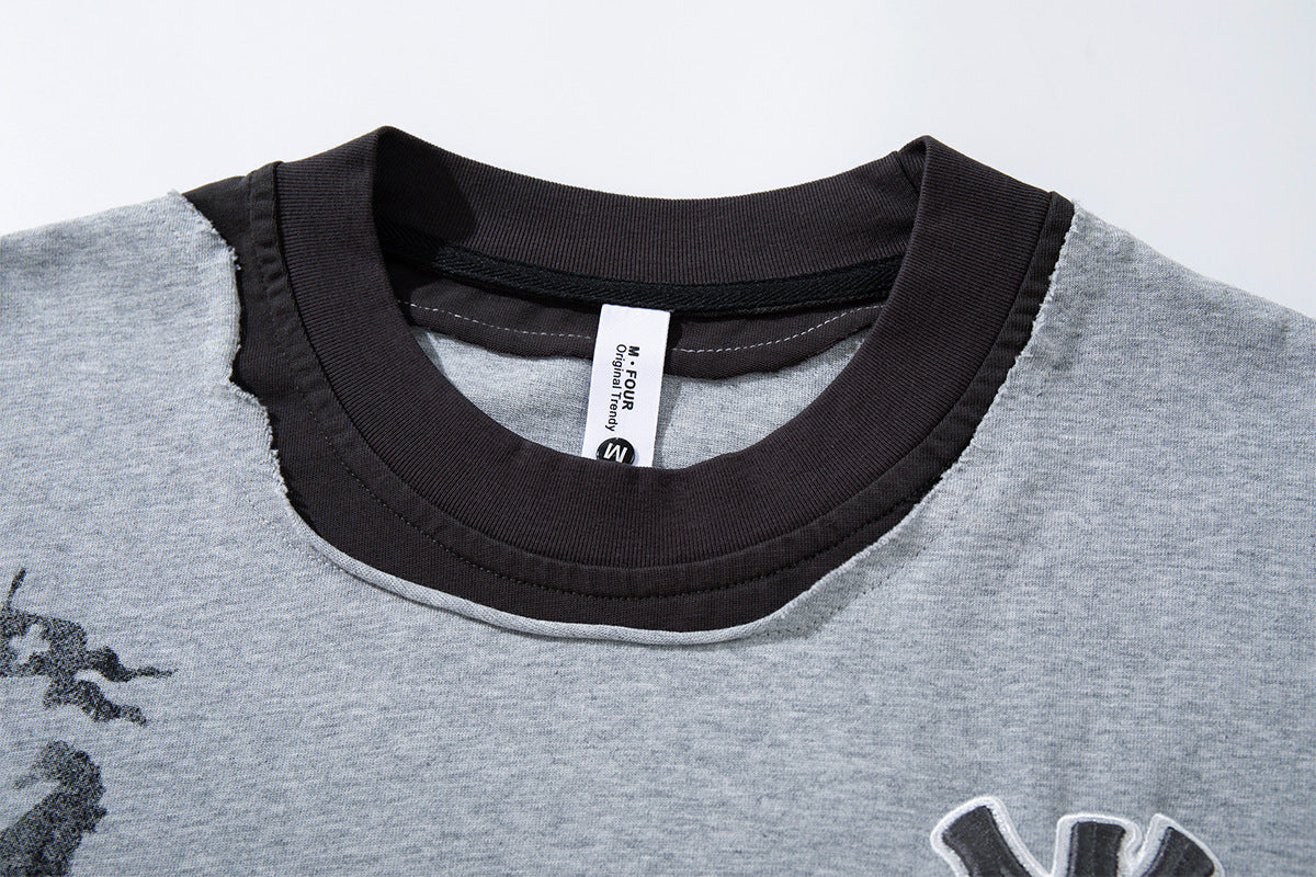 T-shirt oversize color block à motif, manches longues – Haut streetwear à effet deux pièces