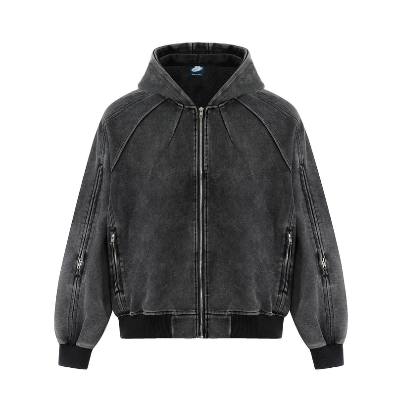Distressed zip up hoodie with deconstructed seam detailing and acid-wash finish in washed black, front view