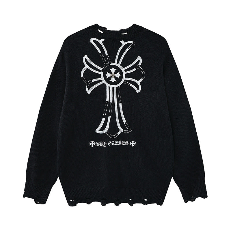 Pull en maille destroy à broderies croisées – Sweat oversize à col rond