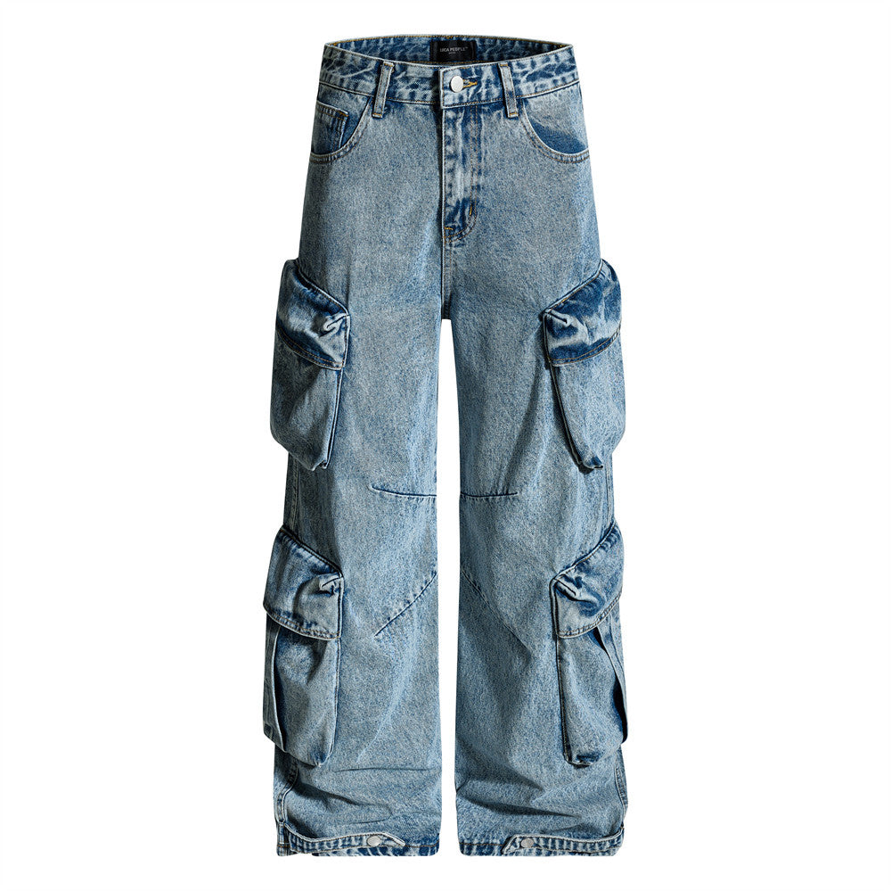 Men's baggy wide-leg cargo denim jeans in light blue acid wash with multiple 3D cargo pockets on both legs