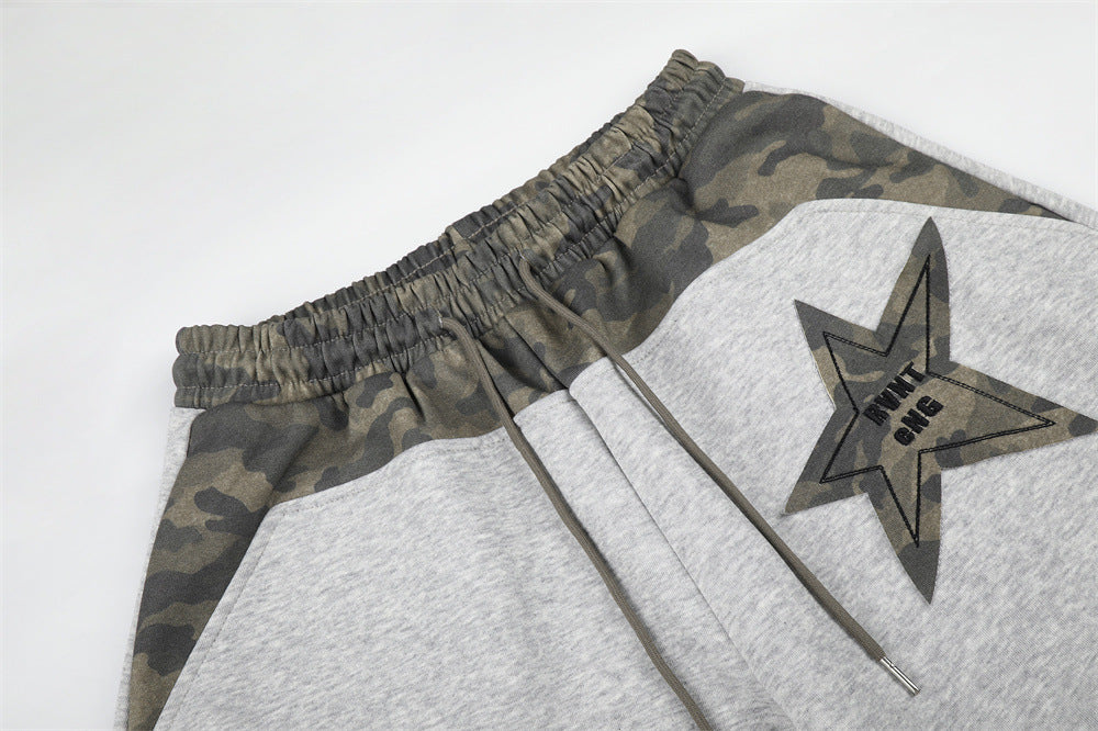 Wide-Leg Sweatpants with Camo Waistband & Star Patch – Men's Oversized