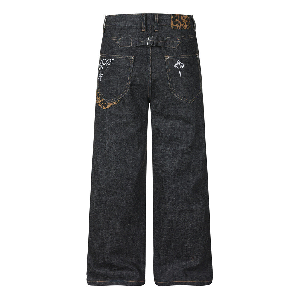 Baggy Black Jeans Men's Wide-Leg Denim with Leopard Print Pockets & Charm Detail