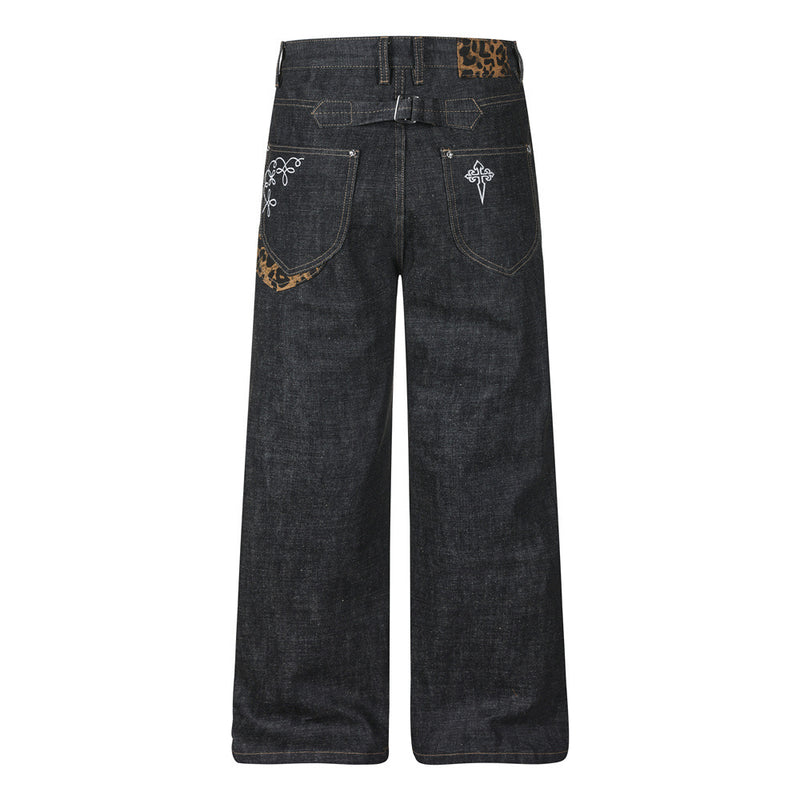 Baggy Black Jeans Men's Wide-Leg Denim with Leopard Print Pockets & Charm Detail