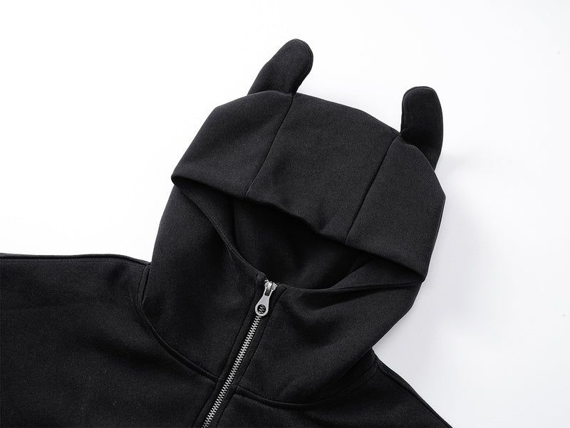 Zip-Hoodie mit Kapuze mit Teufelsohren – Gothic-Kreuz-Graphic-Sweatshirt im Streetwear-Stil