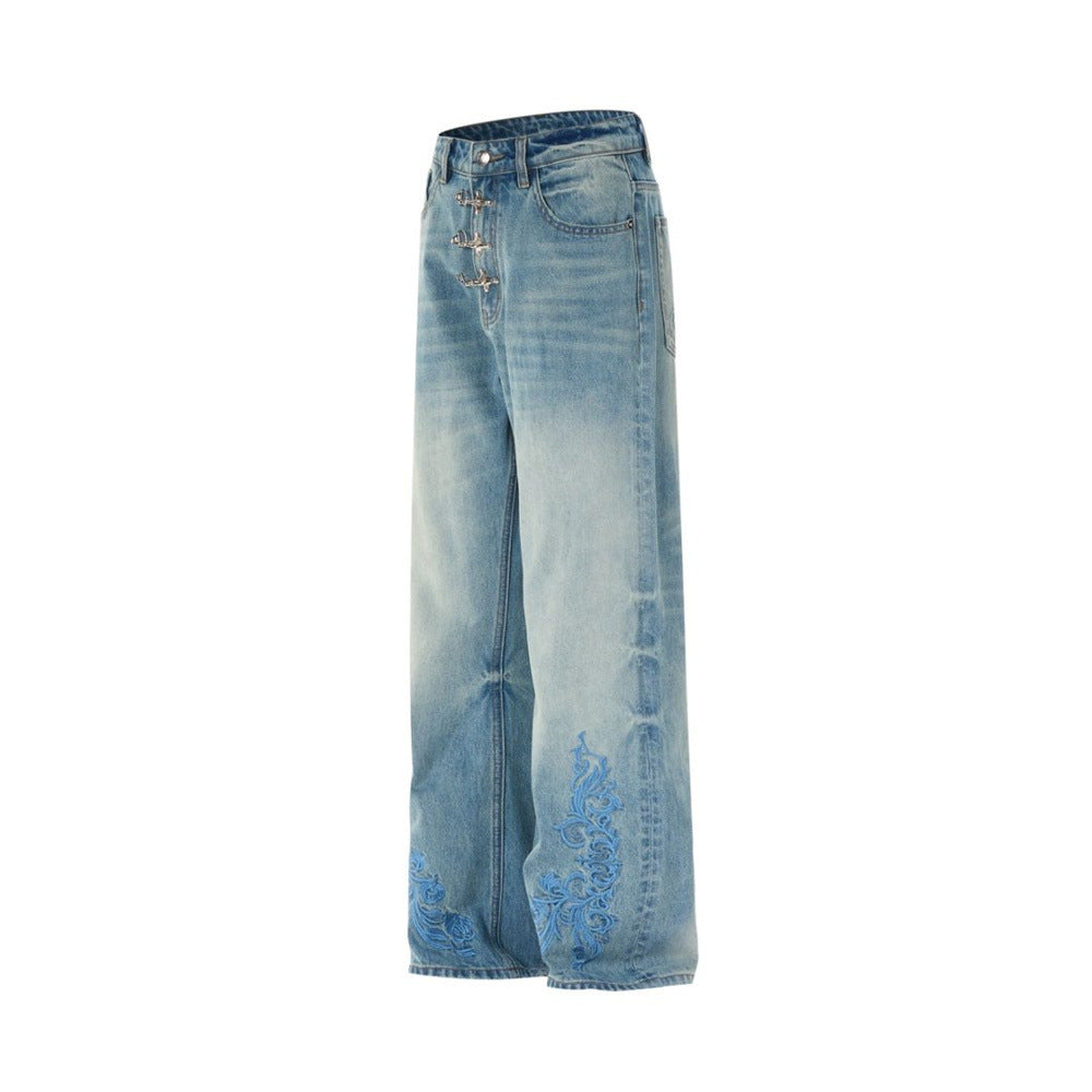 Men's Light Wash Jeans – Floral Embroidery, Metal Clasp Fly & Straight Leg