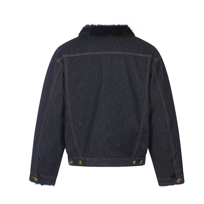 Dark Indigo Denim Jacket with Faux Fur Collar & Fleece Lining