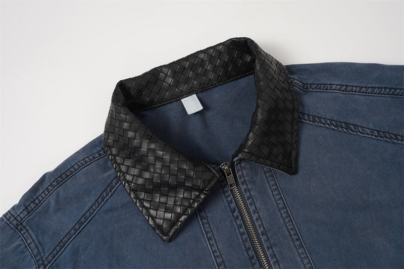 Blouson bomber en jean délavé – Col tissé en PU et coutures déconstruites