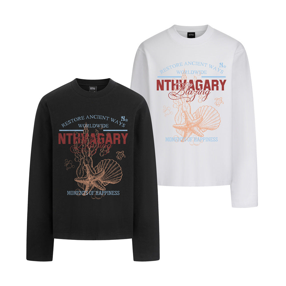 NTHVAGARY Blazing Grafik-Langarm-T-Shirt mit Meeresmotiv aus Seestern und Muschel in Schwarz und Weiß
